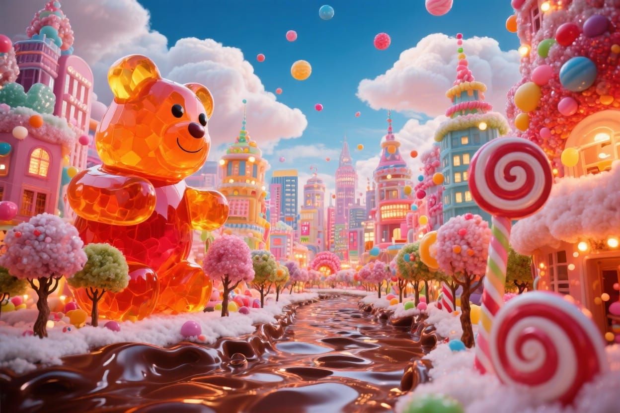Surreal Candy Cityscape with Lollipop Trees
