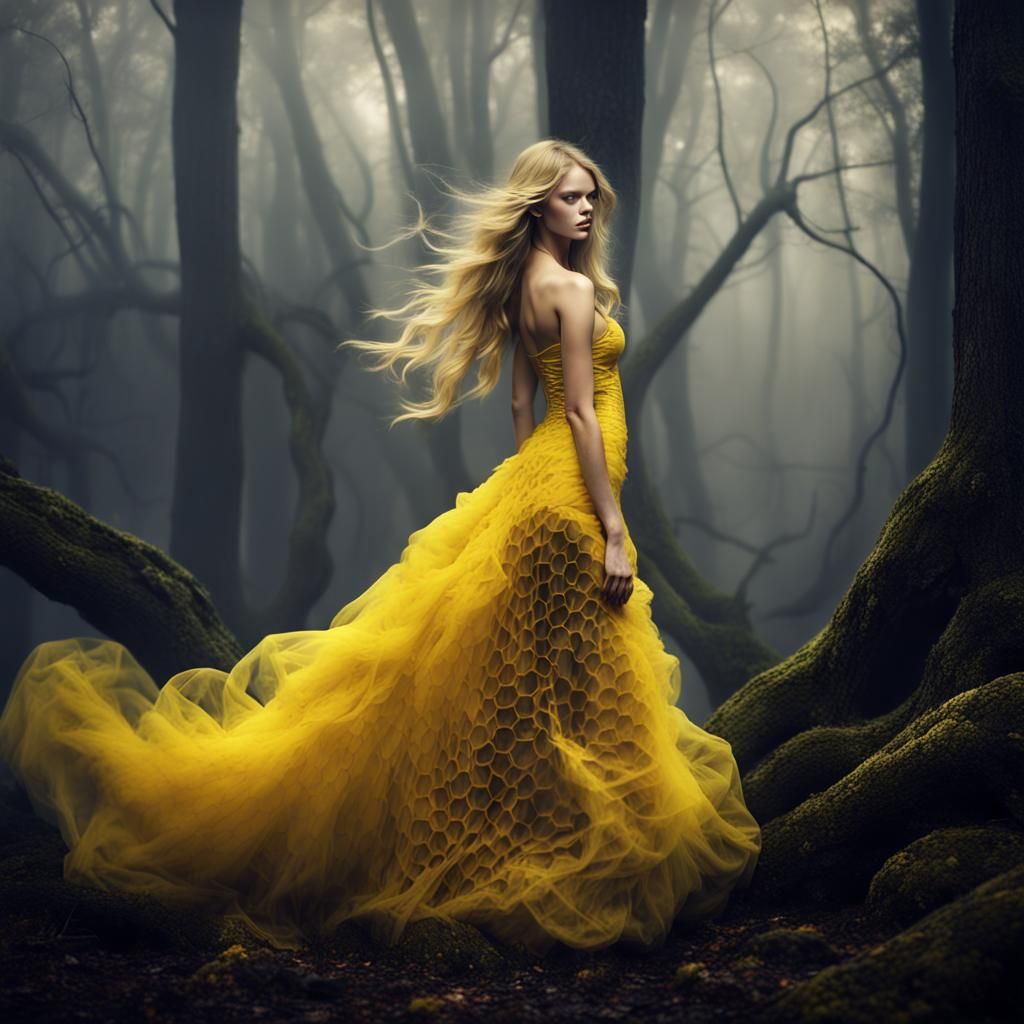 Woman in Honeycomb Dress in Magical Forest