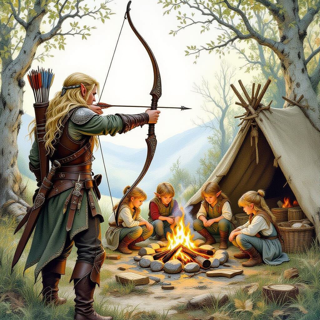 Elven Ranger Watching Campfire Supper, Whimsical Style