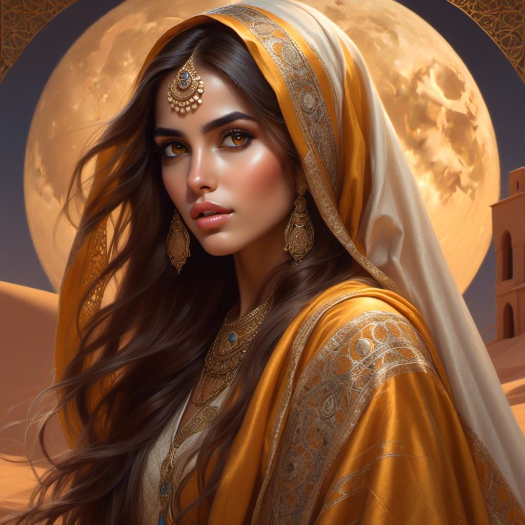 Moroccan Woman in Desert Oasis Moonlight