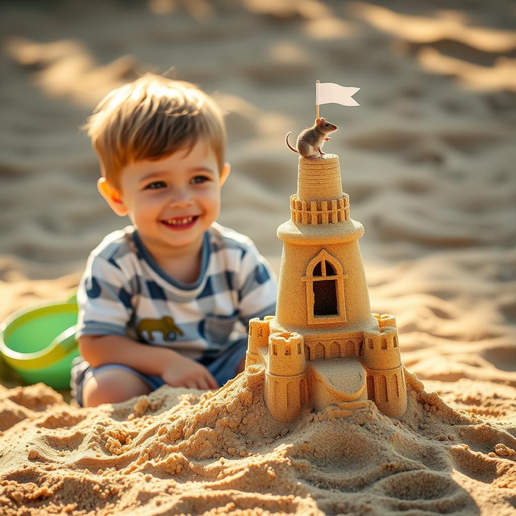 Boy and Mouse on Sandcastle