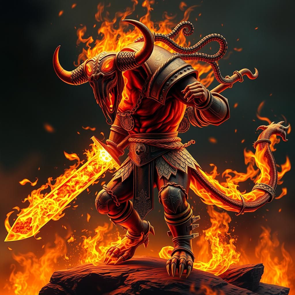 Flaming Minotaur with Fire Whip and Sword