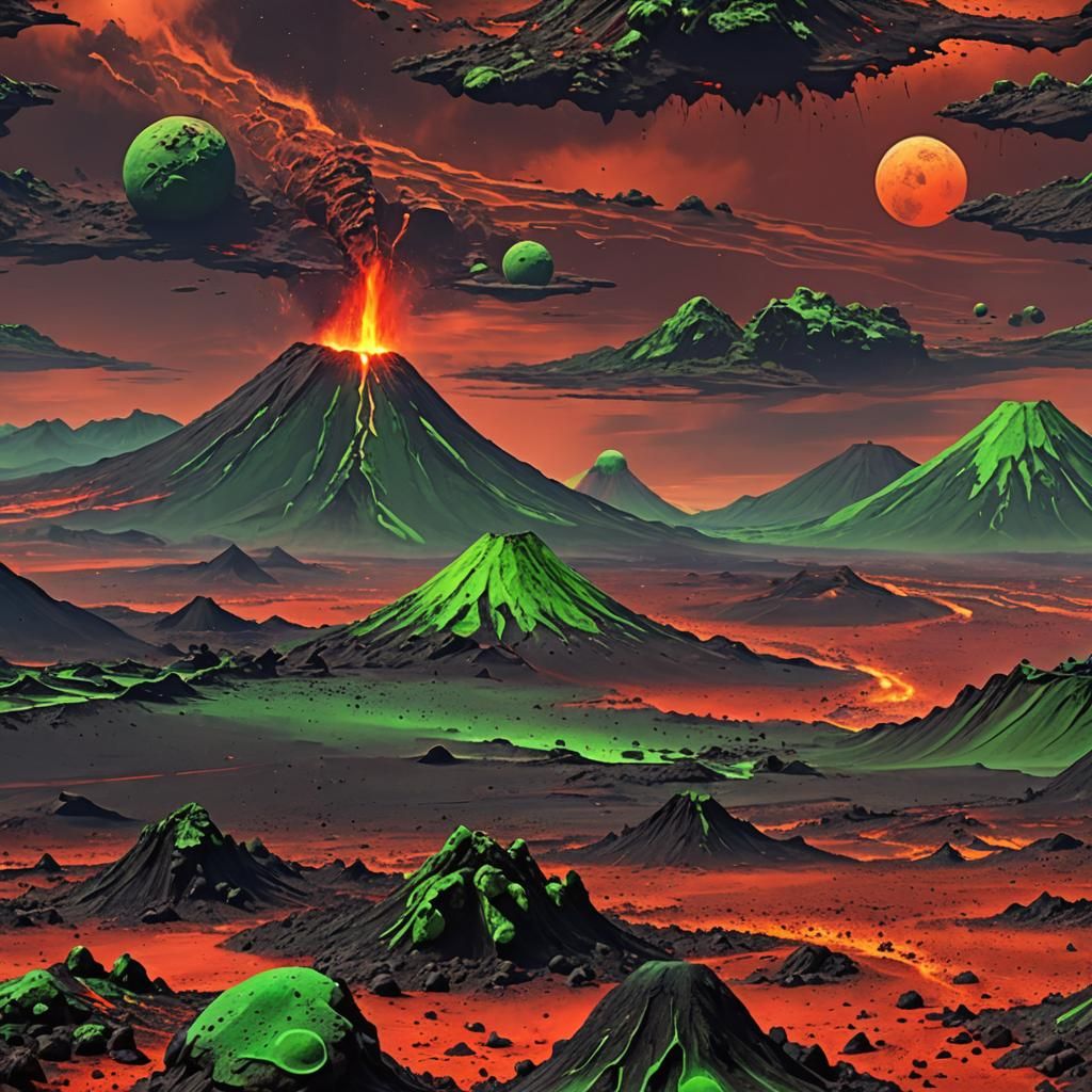 Volcano Erupts on Martian Landscape with Red Sky