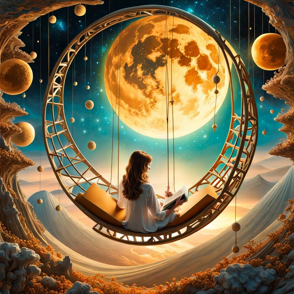 Woman on Moon Swing in Surrealist Style