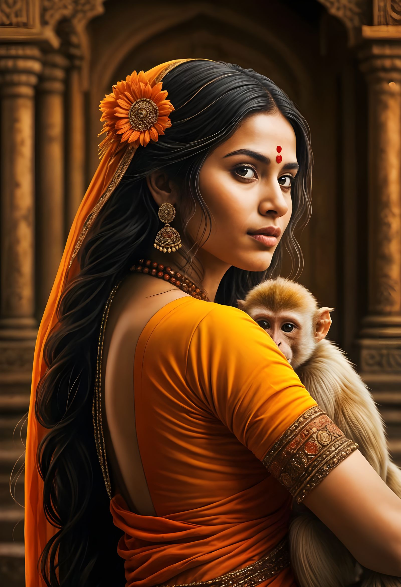 Exotic Indian Priestess With Monkey Portrait