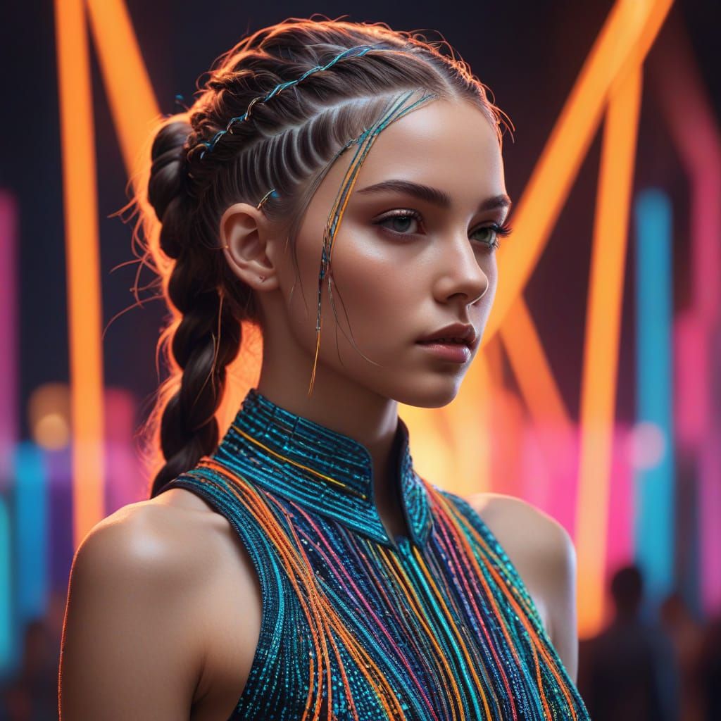 Braids with Glowing Lamps on Catwalk in Neon Style