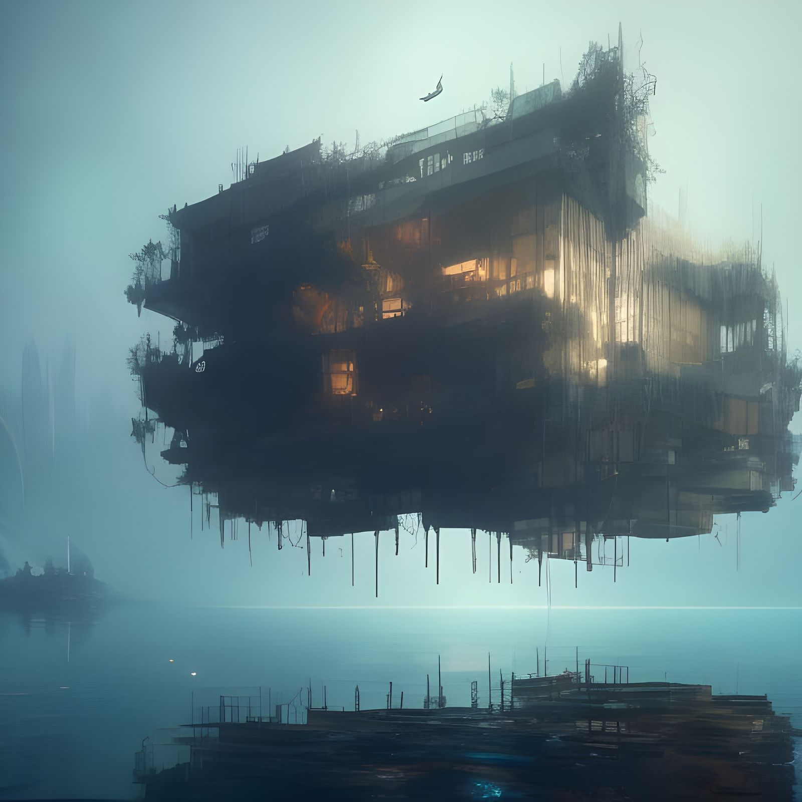 Hyperrealistic Floating High-Tech Fortress in Digital Art