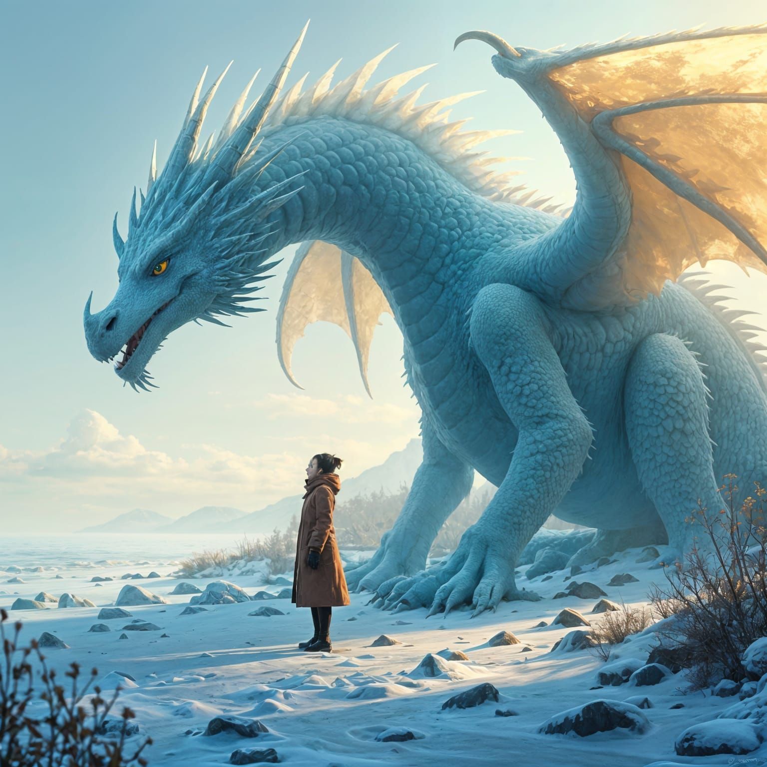 Anime Ice Dragon on Beach with Warm Lighting