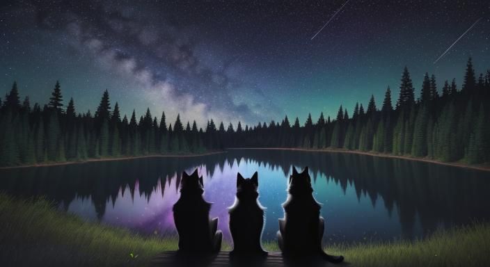 Kittens Watch Meteor Shower in Astral Landscape