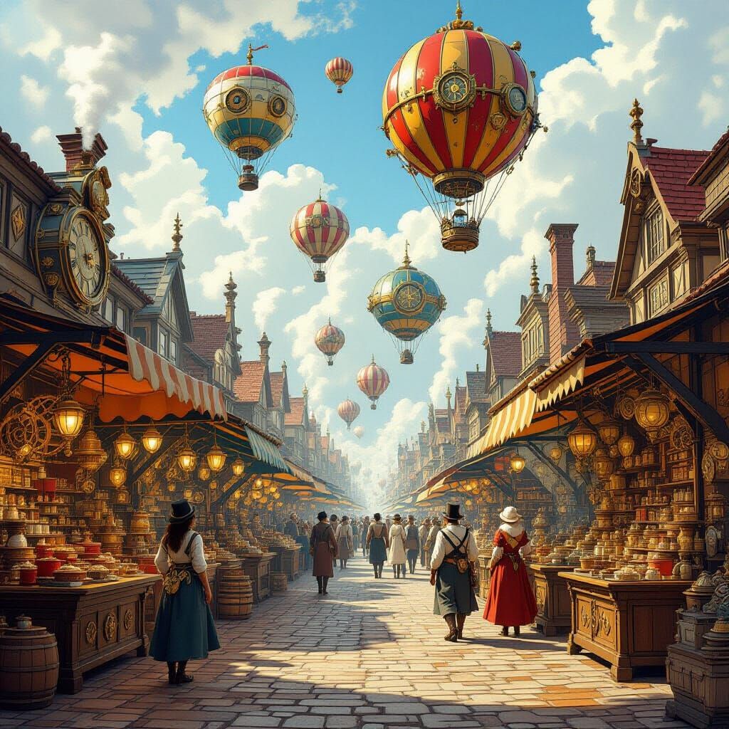 Victorian Steampunk Marketplace with Clockwork Creatures and...