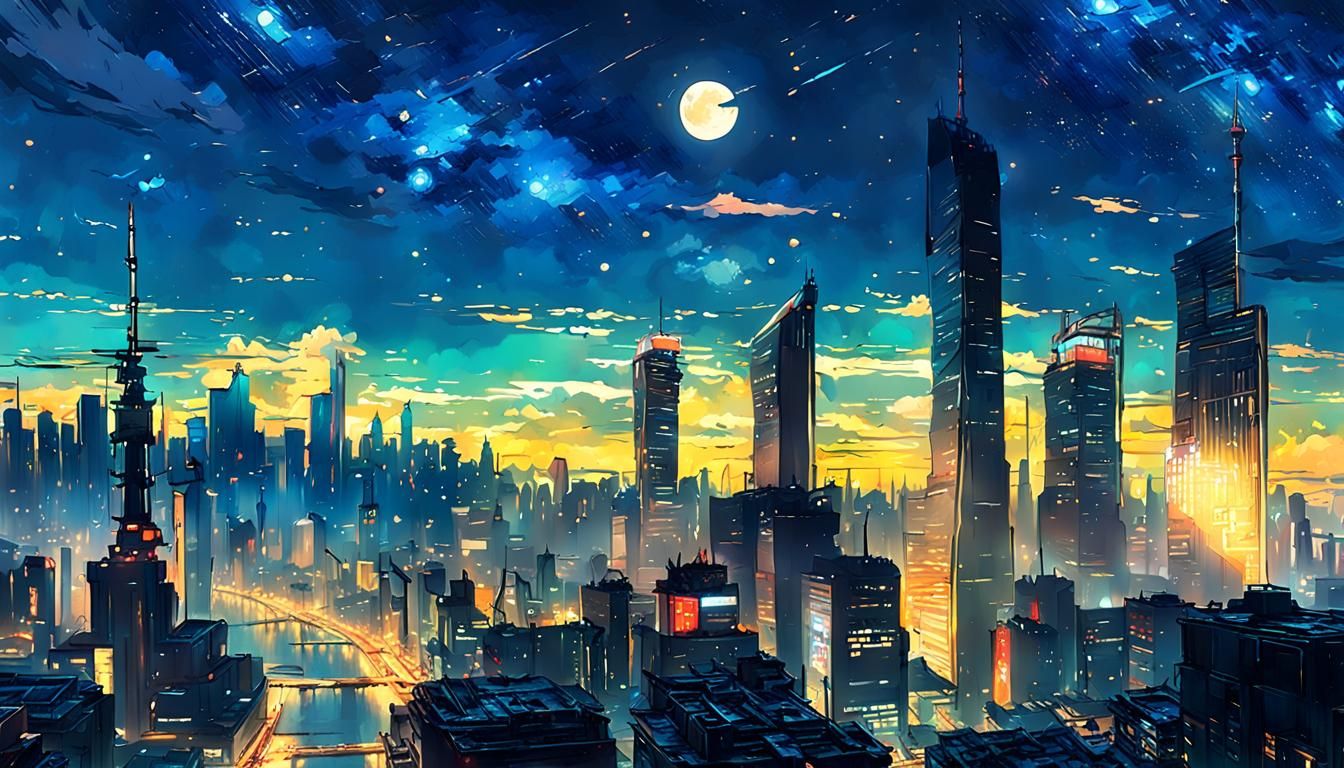 Cyberpunk Starry Night: Anime-Inspired Cityscape