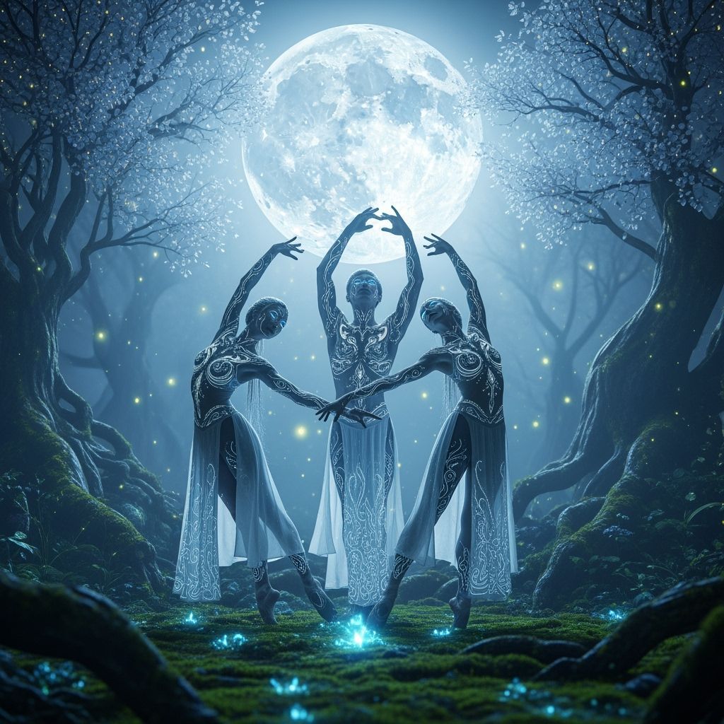 Ethereal Dancers Under Silver Moonlight in Enchanted Forest