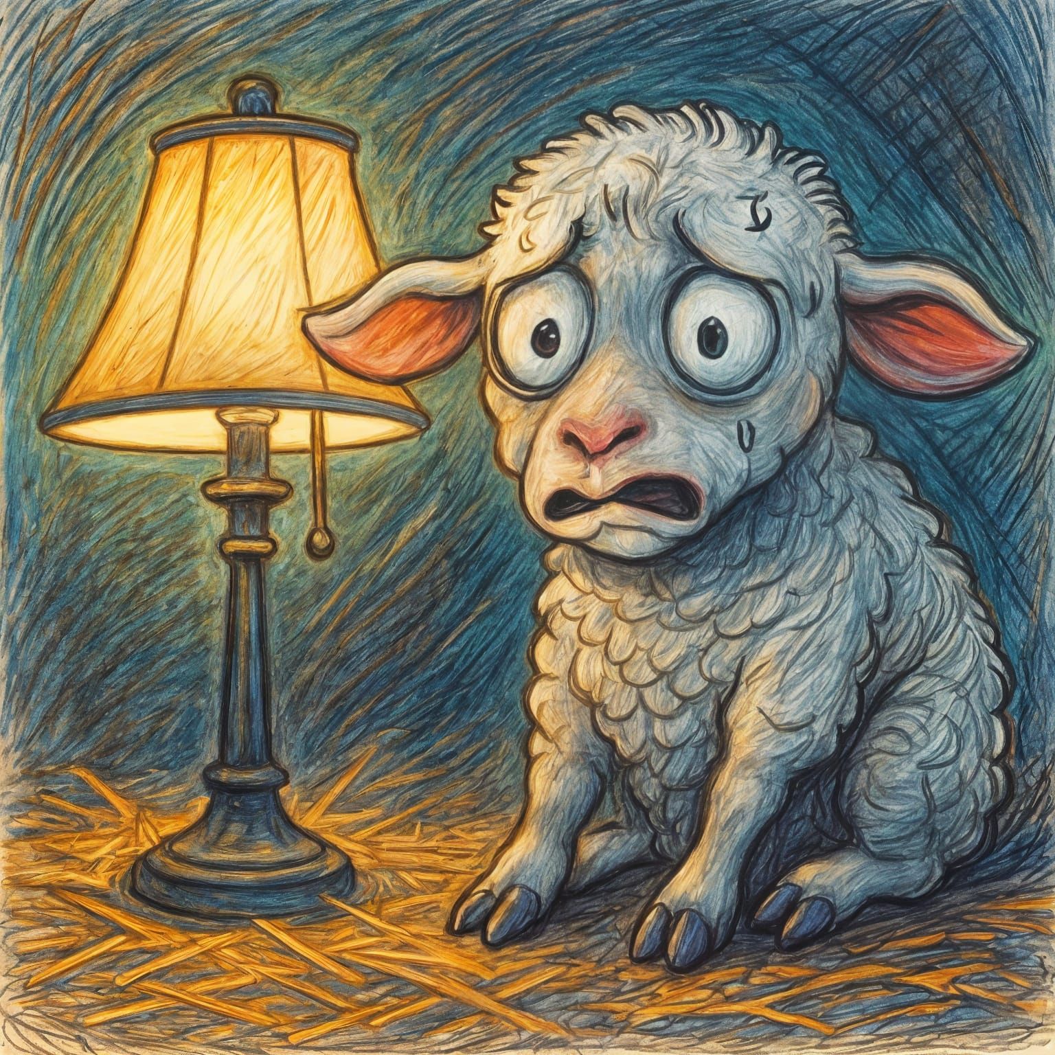 Anxious Lamb and Lamp Colorful Drawing