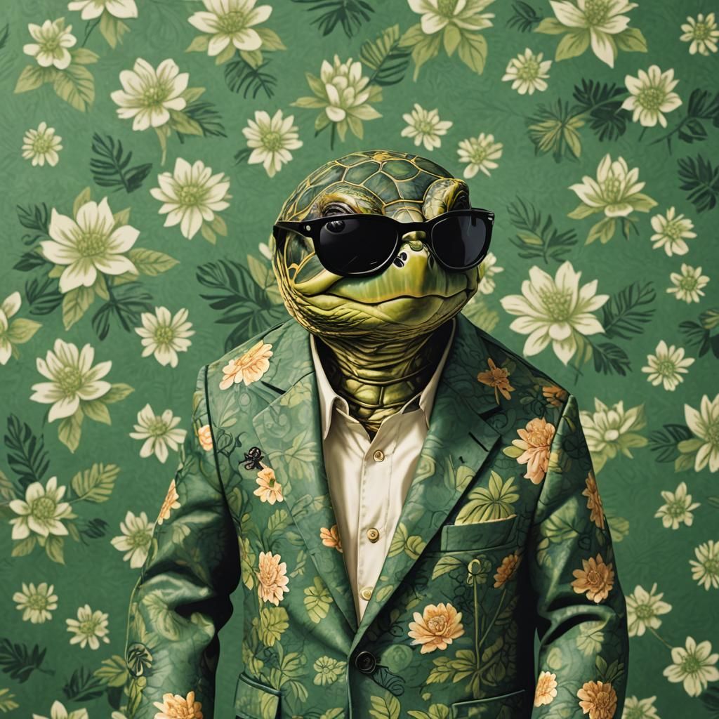 Turtle in Blazer and Sunglasses with Floral Background