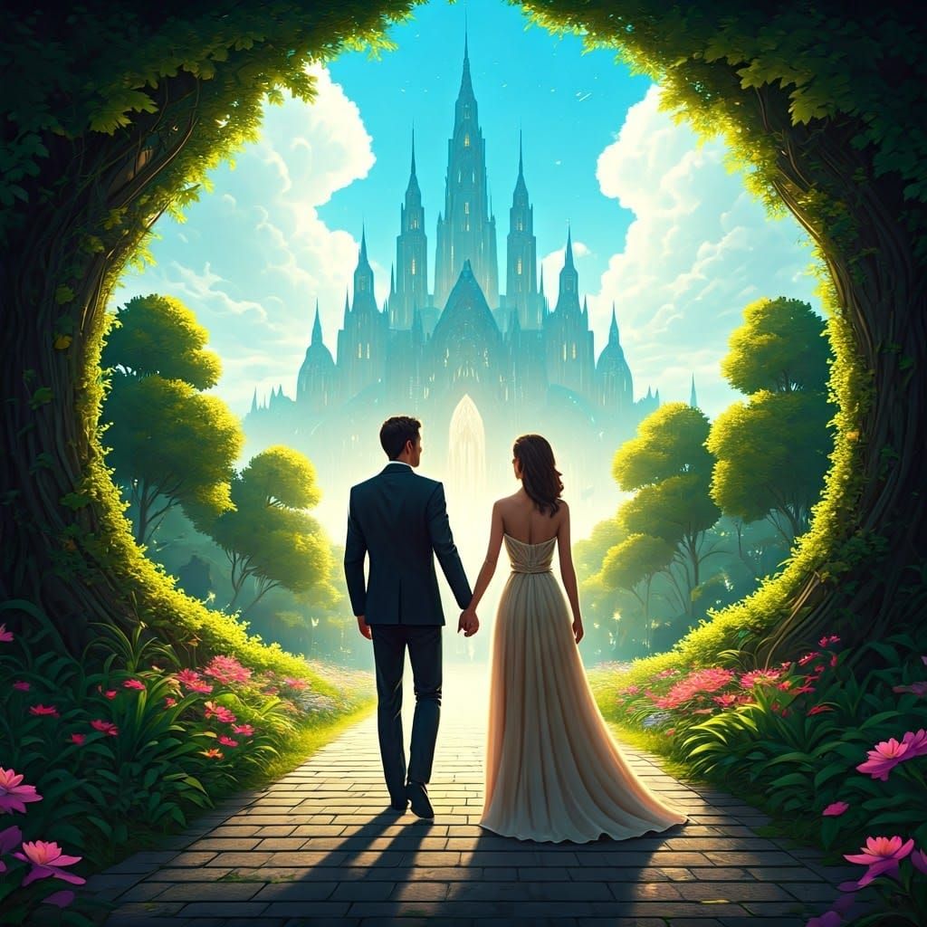 Fantasy Cityscape with Elegant Couple in Matte Painting Styl...