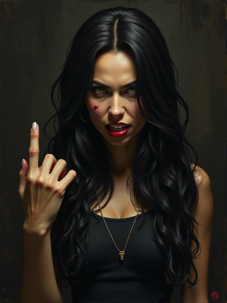 Angry Woman Contorts Face in Fury, Middle Finger Raised Agai...