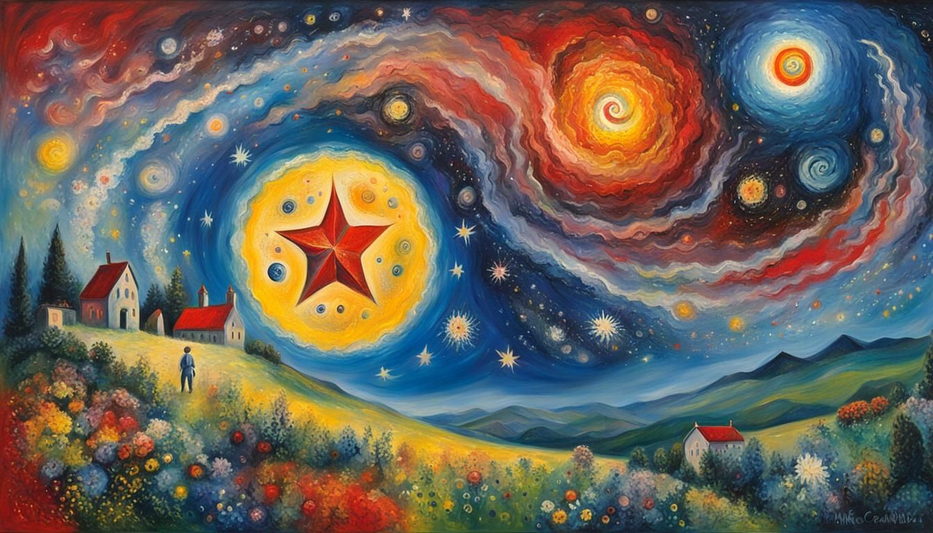 Dreamy Star Field Oil Painting in Naive Art Style