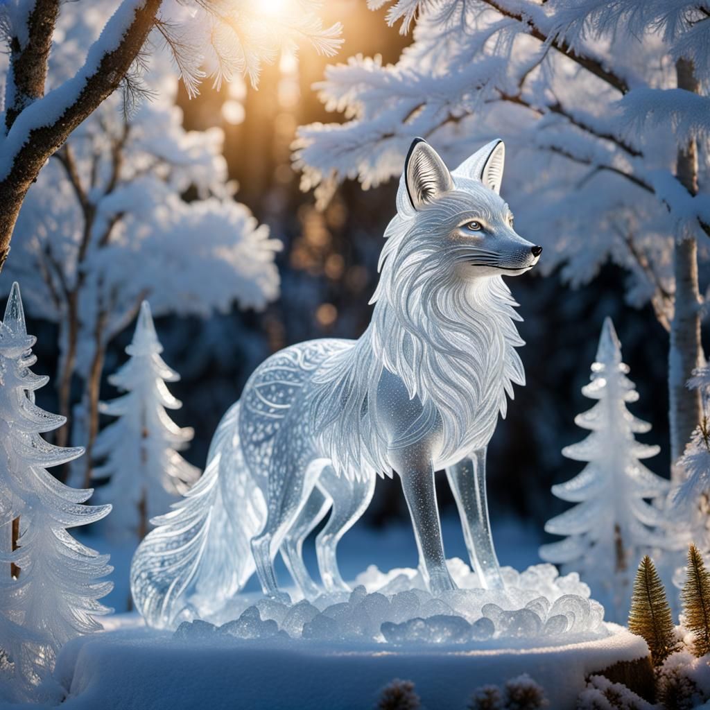 Delicate Ice Sculpture of a Fox in a Park