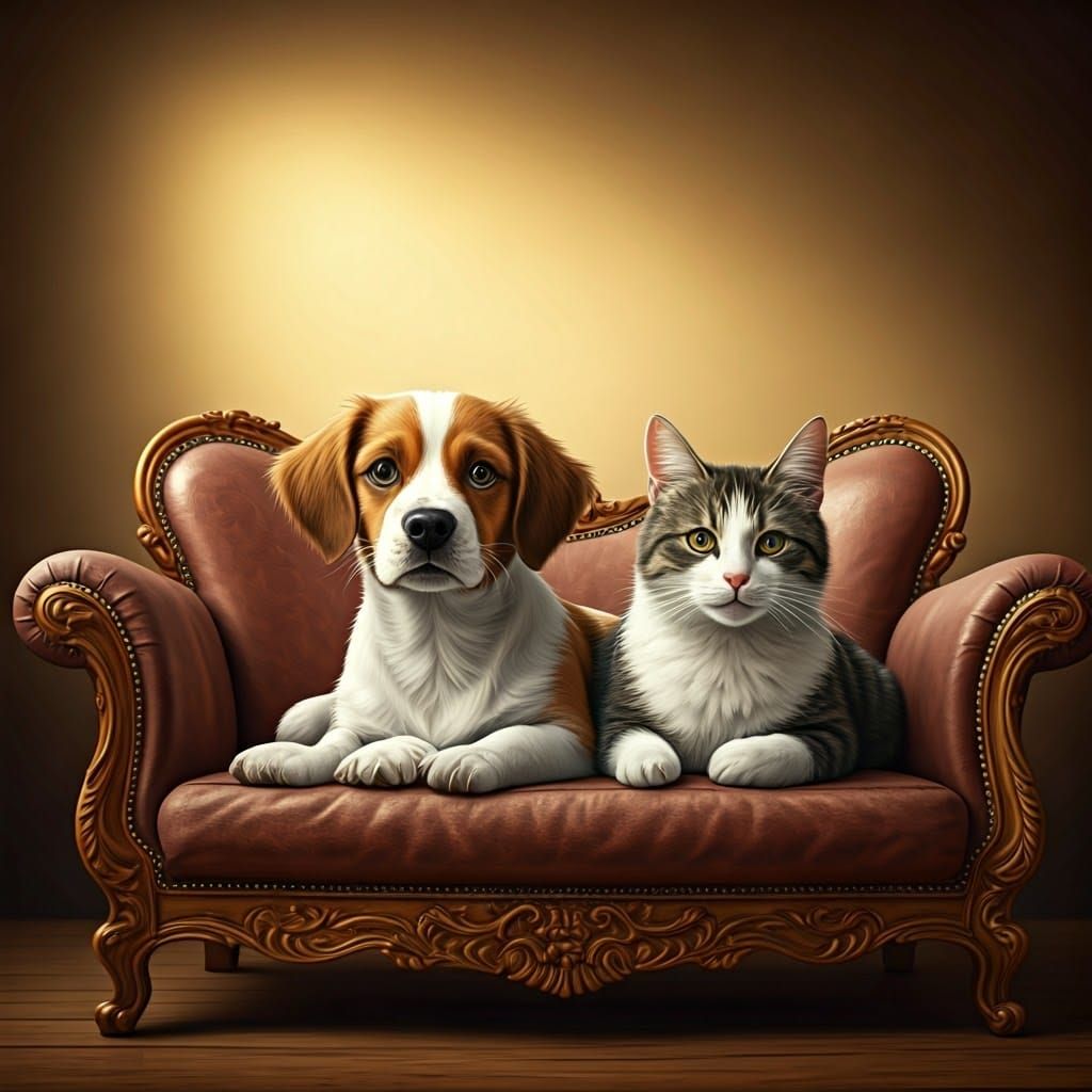 Whimsical Feline Canine Friends in Warm, Sunny Setting