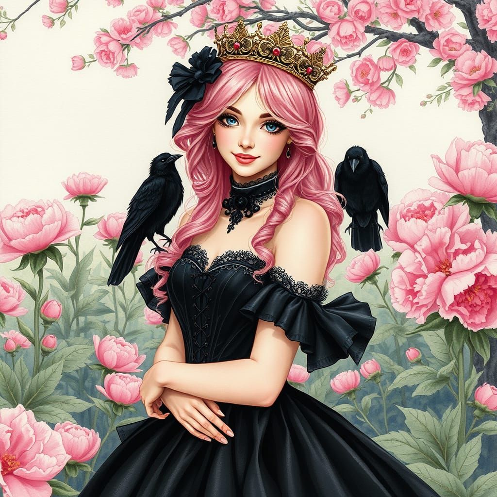 Elegant Gothic Princess in Peony Garden