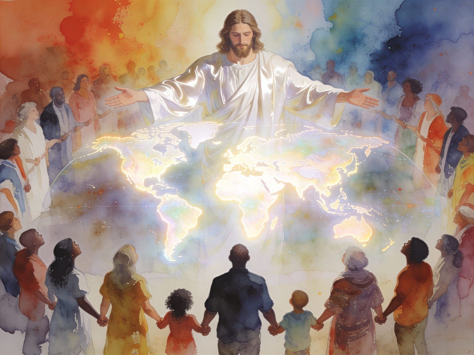 Spiritual Unity: Jesus Reaches Out to World in Watercolor