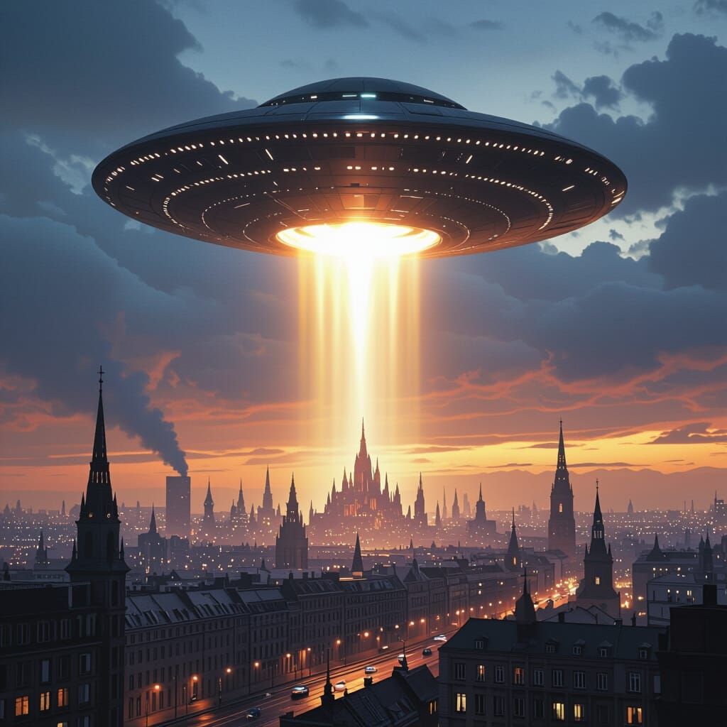 UFO Descends Over Cityscape in Dystopian Style