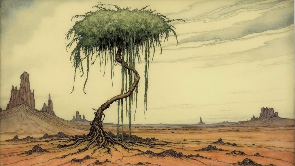 Alien Plant on Desert Tableland in Rackham Style