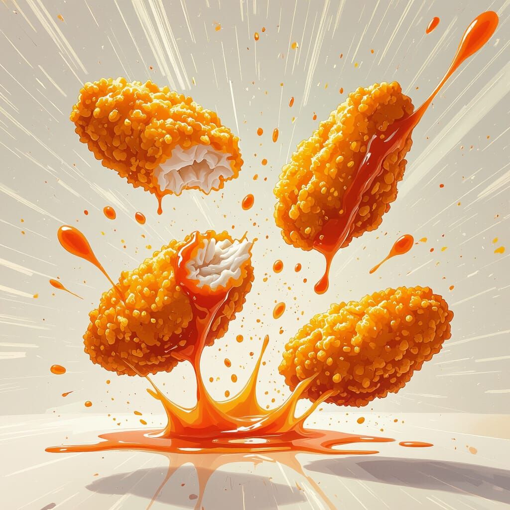 Chicken Nuggets Clash in Sci-Fi Digital Painting