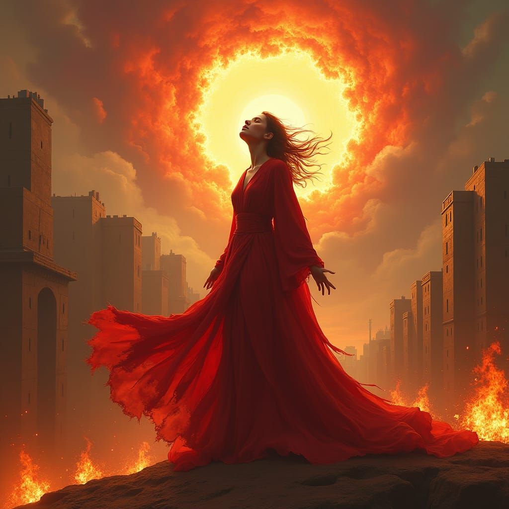 Fiery Woman in Dreamlike Cityscape: Digital Art