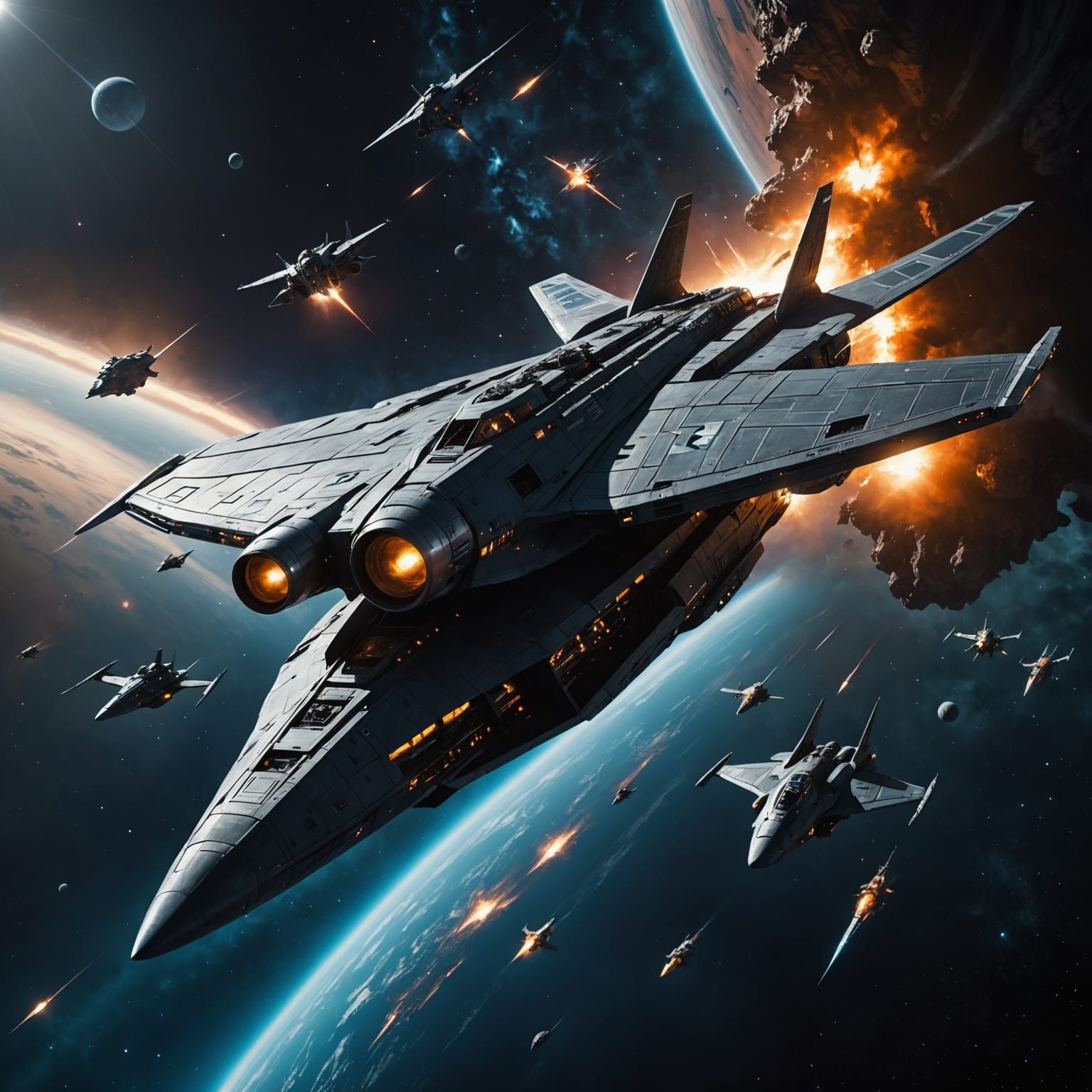 Sleek Starfighters in Epic Space Battle Scene