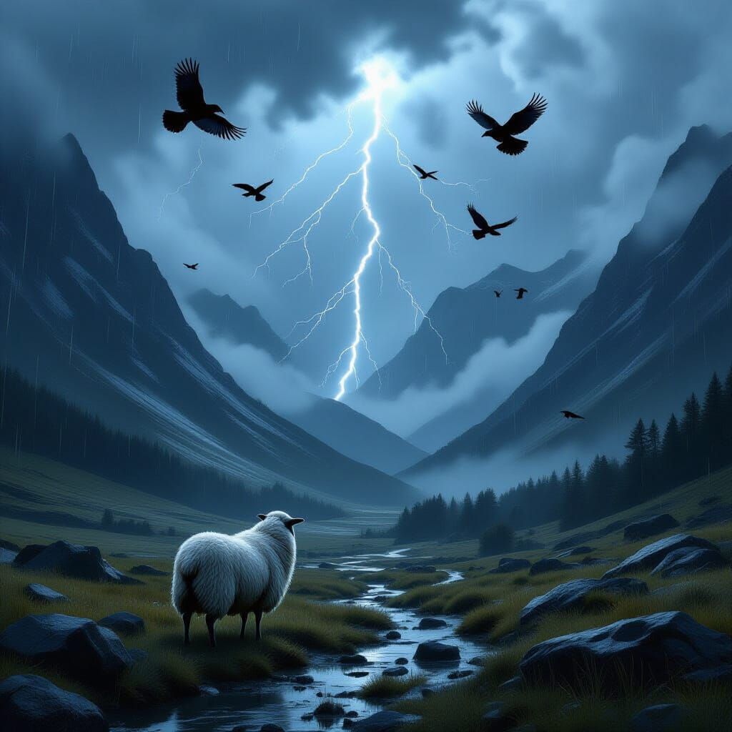 Dramatic Sheep in Stormy Valley, Digital Art
