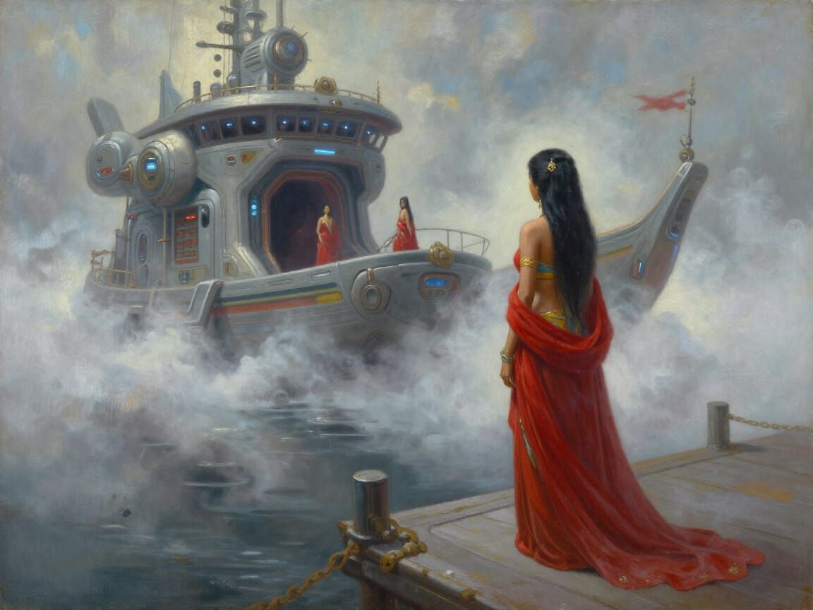 Afrofuturistic Cyberpunk Boat and Princess on Pier Oil Paint...