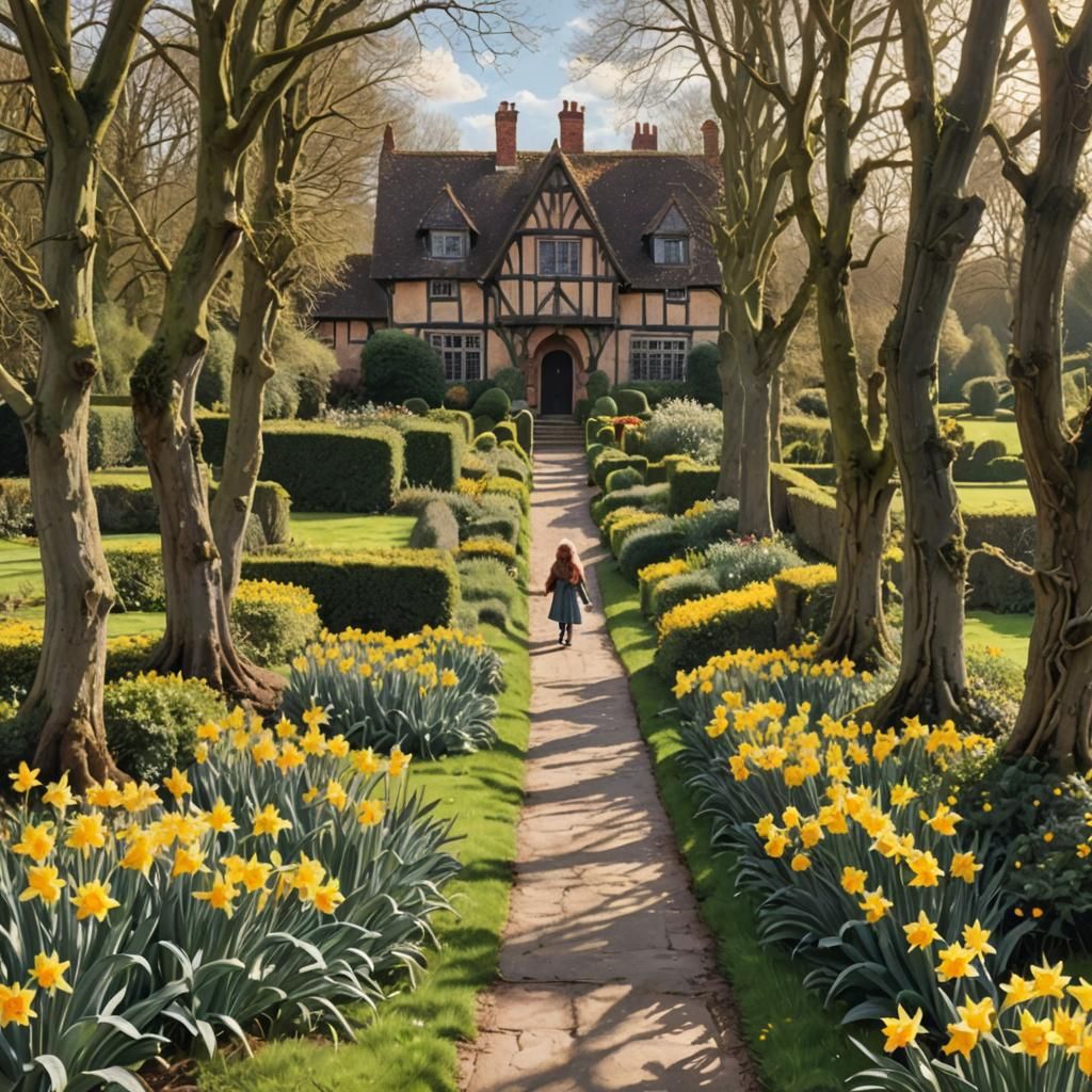 Girl Walks to Manor House in Sunshine