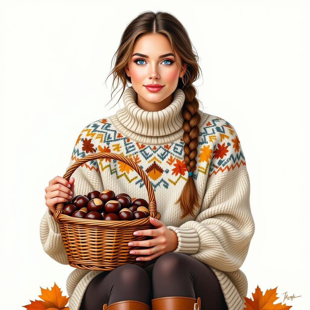 Realistic Oil Painting of Woman with Chestnuts in Basket