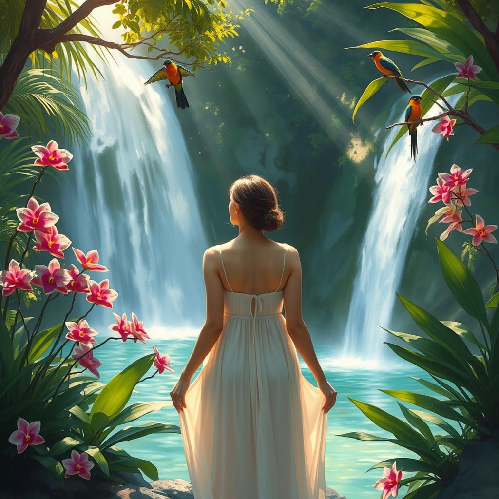 Impressionistic Waterfall Scene with Woman in Sundress