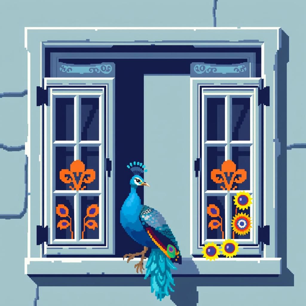 Pixelated Turquoise Peacock in 16-bit Style