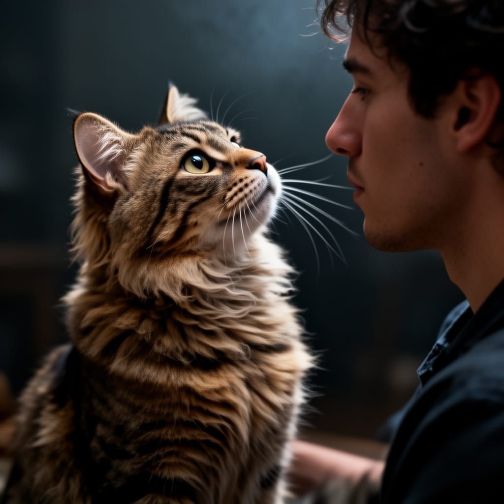 Cute Cat Looks Up Adoringly in Moody Cinematic Lighting