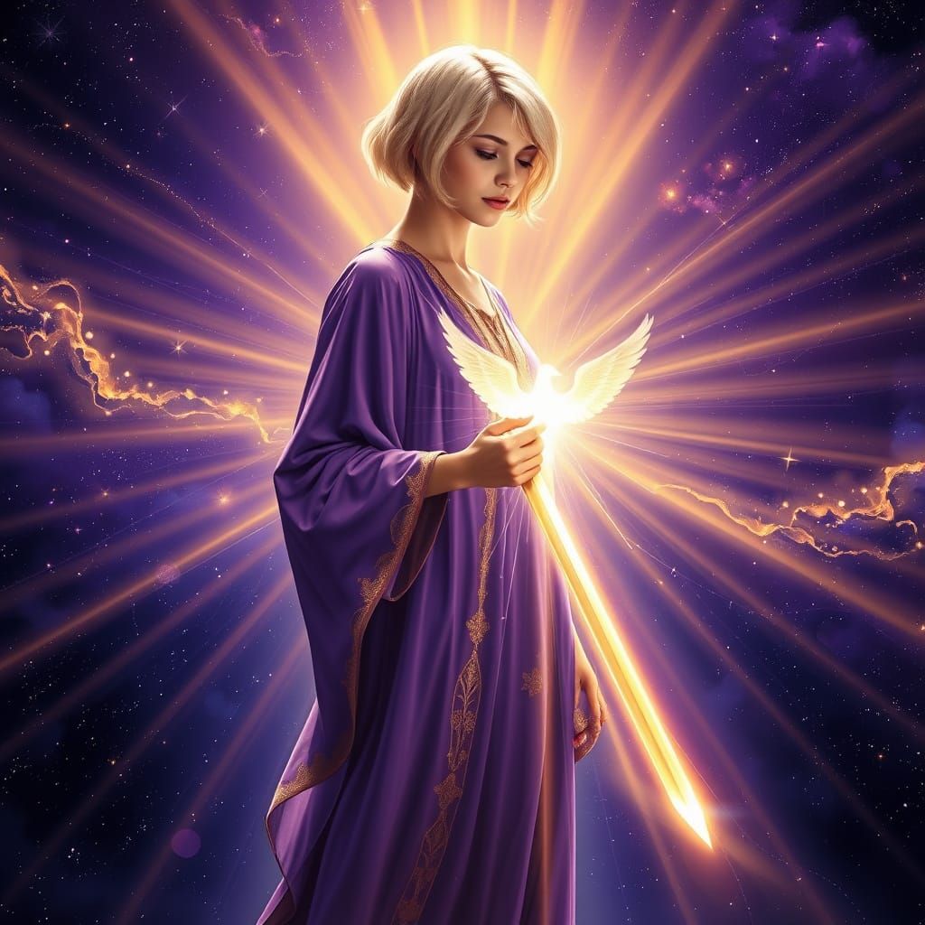 Spiritual Woman Cuts Past Thread in Cosmic Light