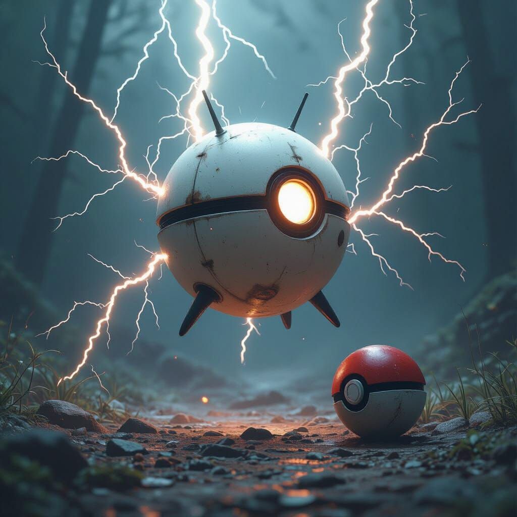 Magnemite Pokemon in Air with Lightning, Detailed Matte Pain...