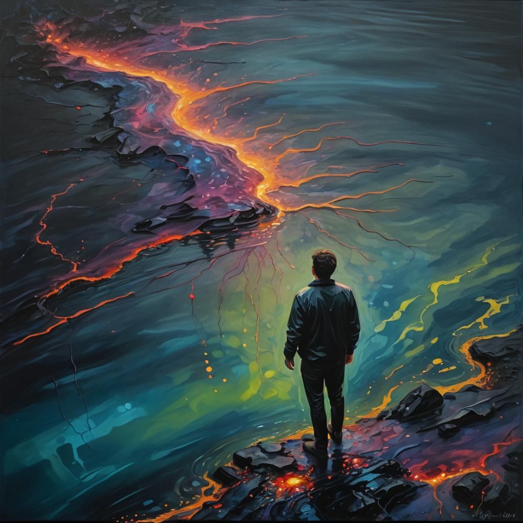 Surreal Person Blocked by Ominous Water, Oil Painting