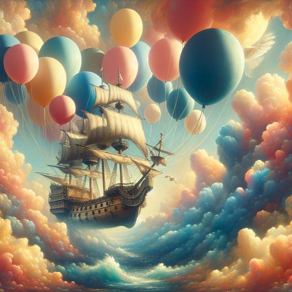 Galleon Sailing Through Sky with Pastel Balloons
