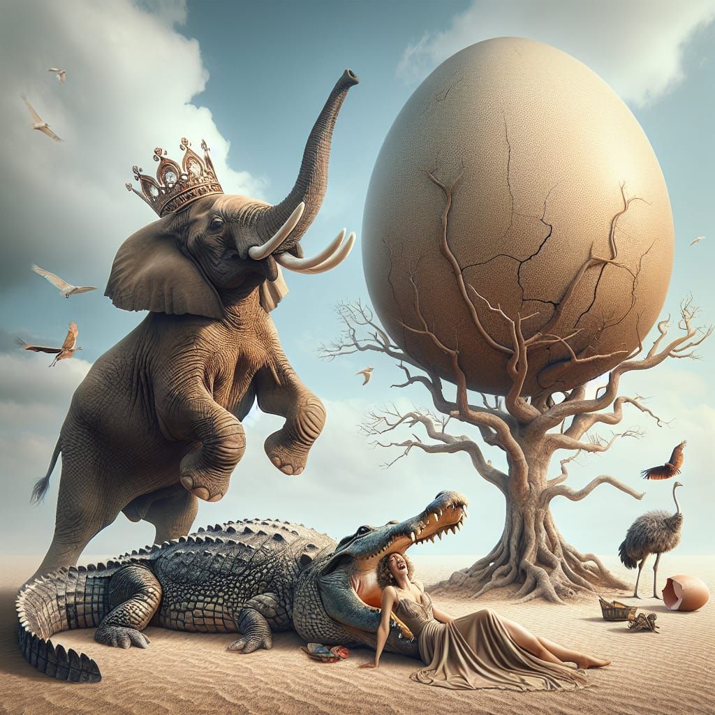 Surreal Photorealistic Scene of Elephant on Ostrich Egg Thro...
