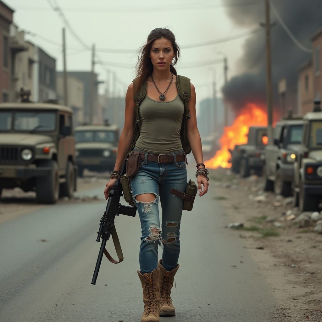Action Photo: Woman with Rifle on Battle-Torn Street