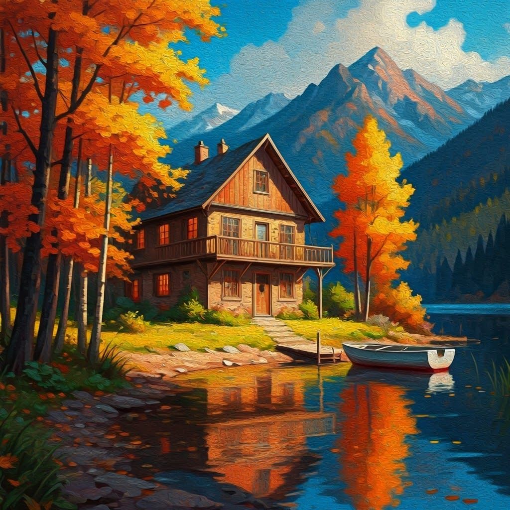 Lake House in Autumn, Oil Painting Style