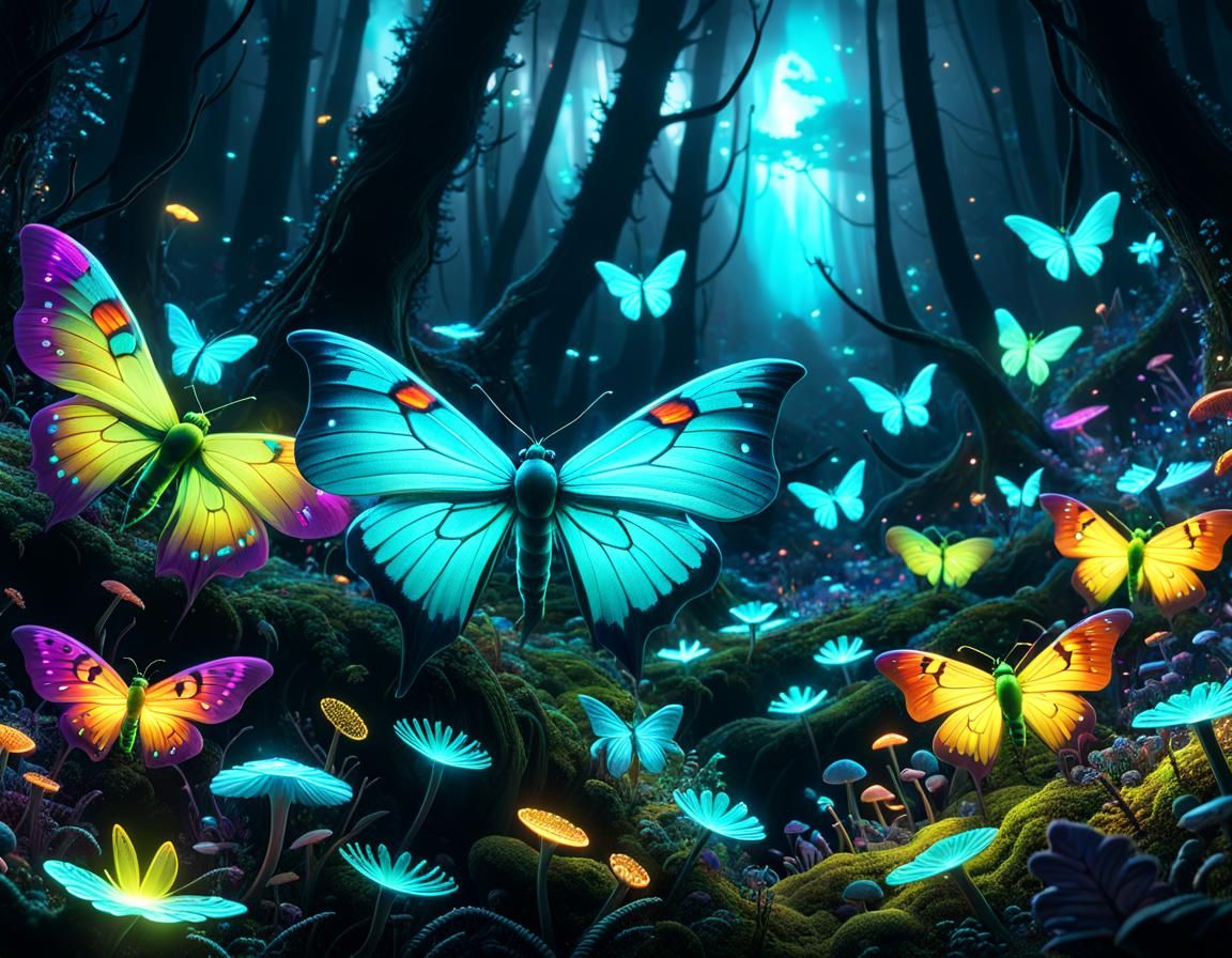 Enchanted forest full of bioluminescent moths