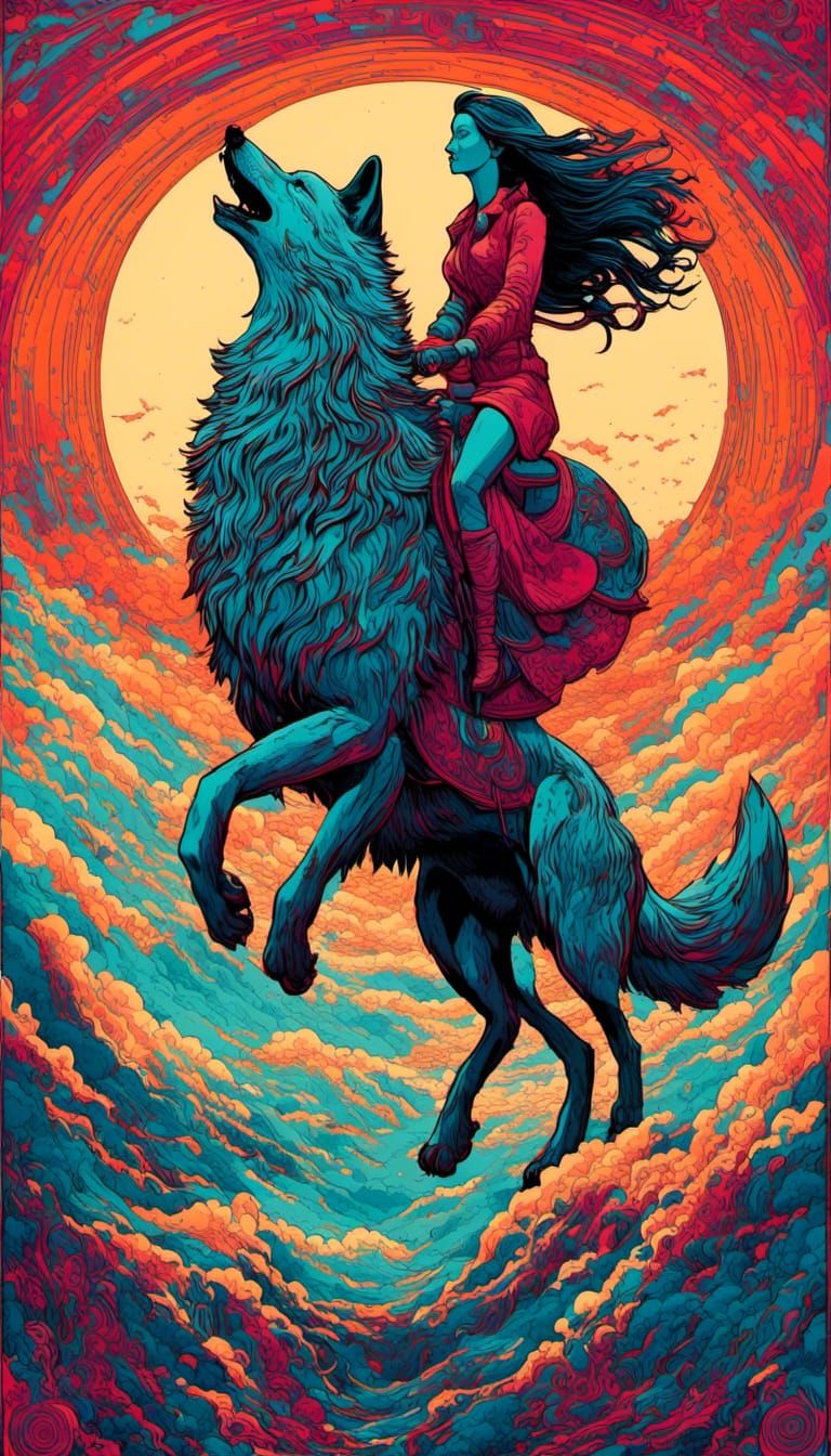 Nordic Valkyrie Rides Wolf in Psychedelic Landscape