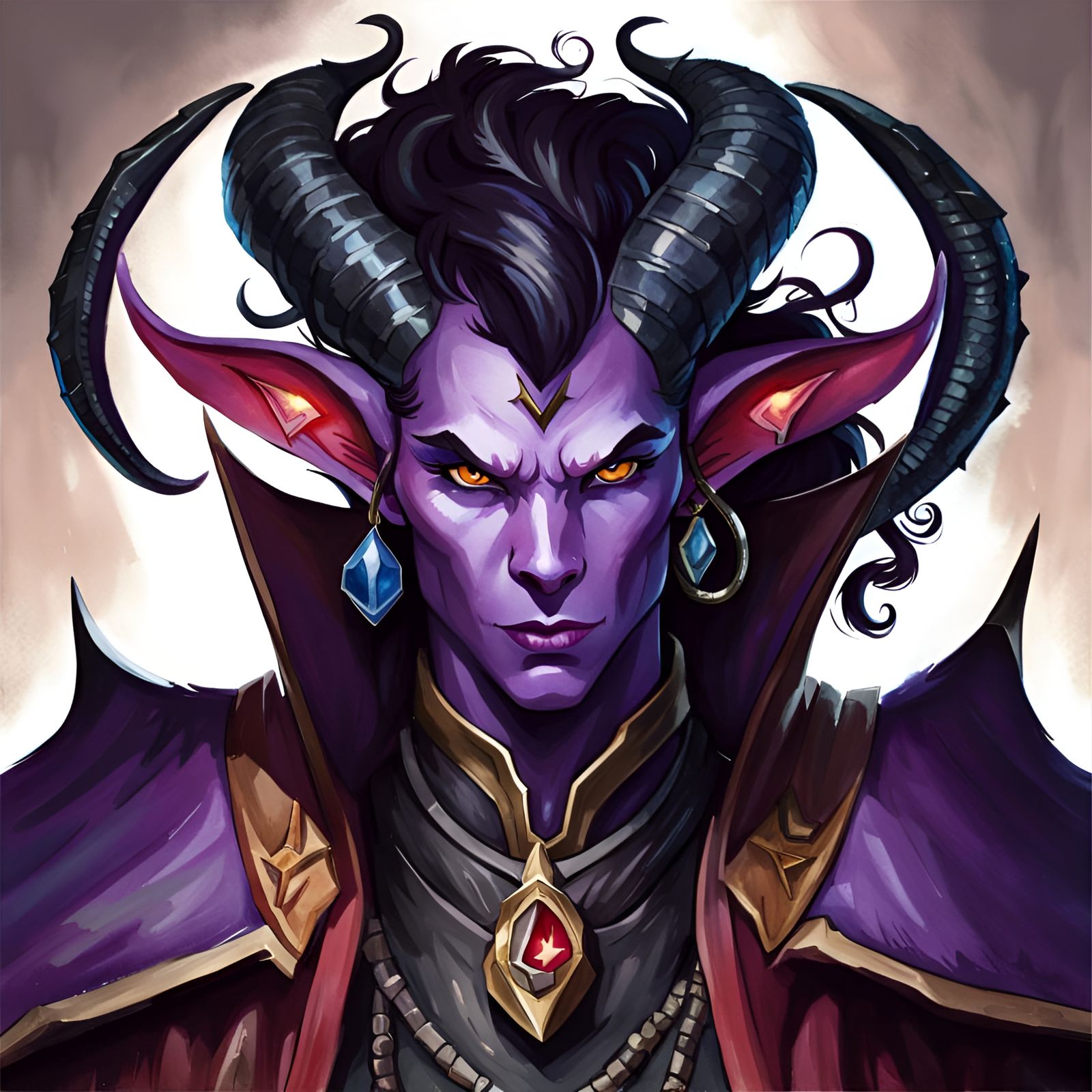 Tiefling Warlock Portrait in Cartoon Watercolor Style