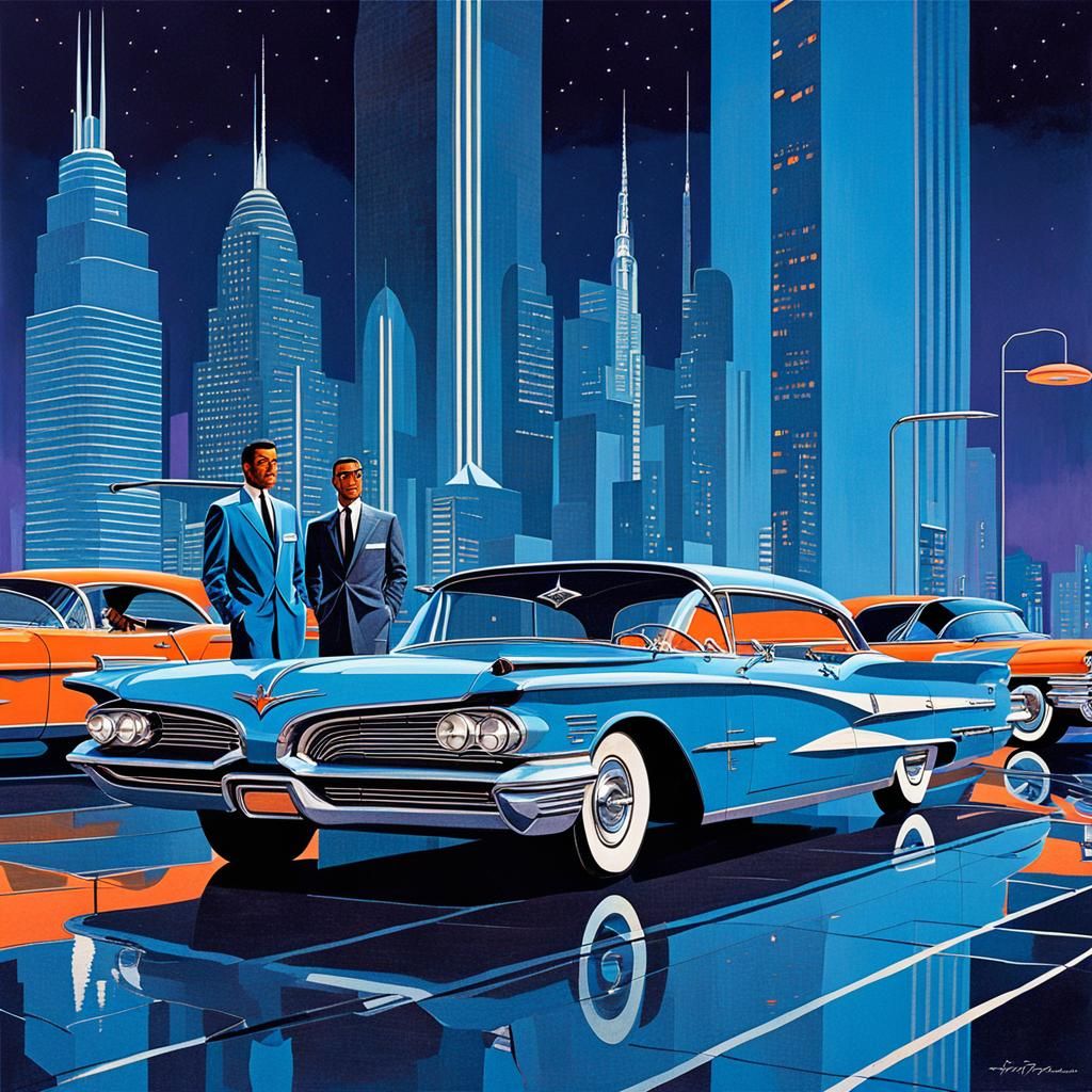 1959 Pontiac Bonneville in Retro-Futuristic Cityscape