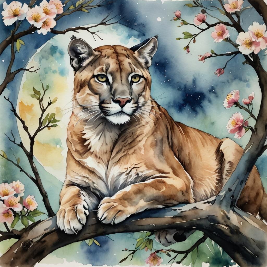 Puma in Tree Branch Watercolor Vignette