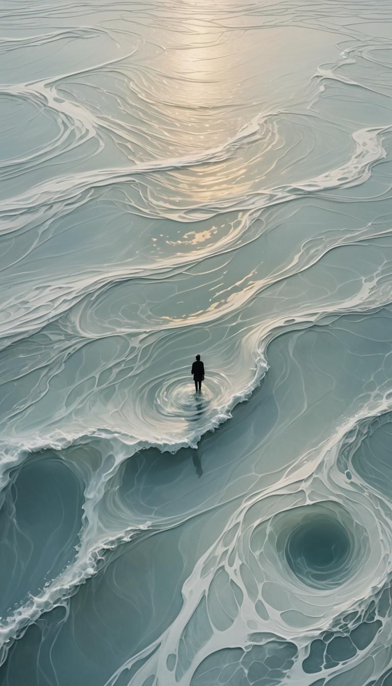 Surreal Dreamscape: Lone Figure in Ethereal Waters
